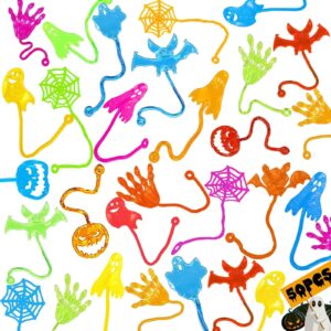 50pcs halloween stretchy sticky hands,party favors for kids,skull skeleton bat ghost pumpkin styles sticky toys for goodie bags,halloween exchange gifts,treasure box fillers and classroom prizes