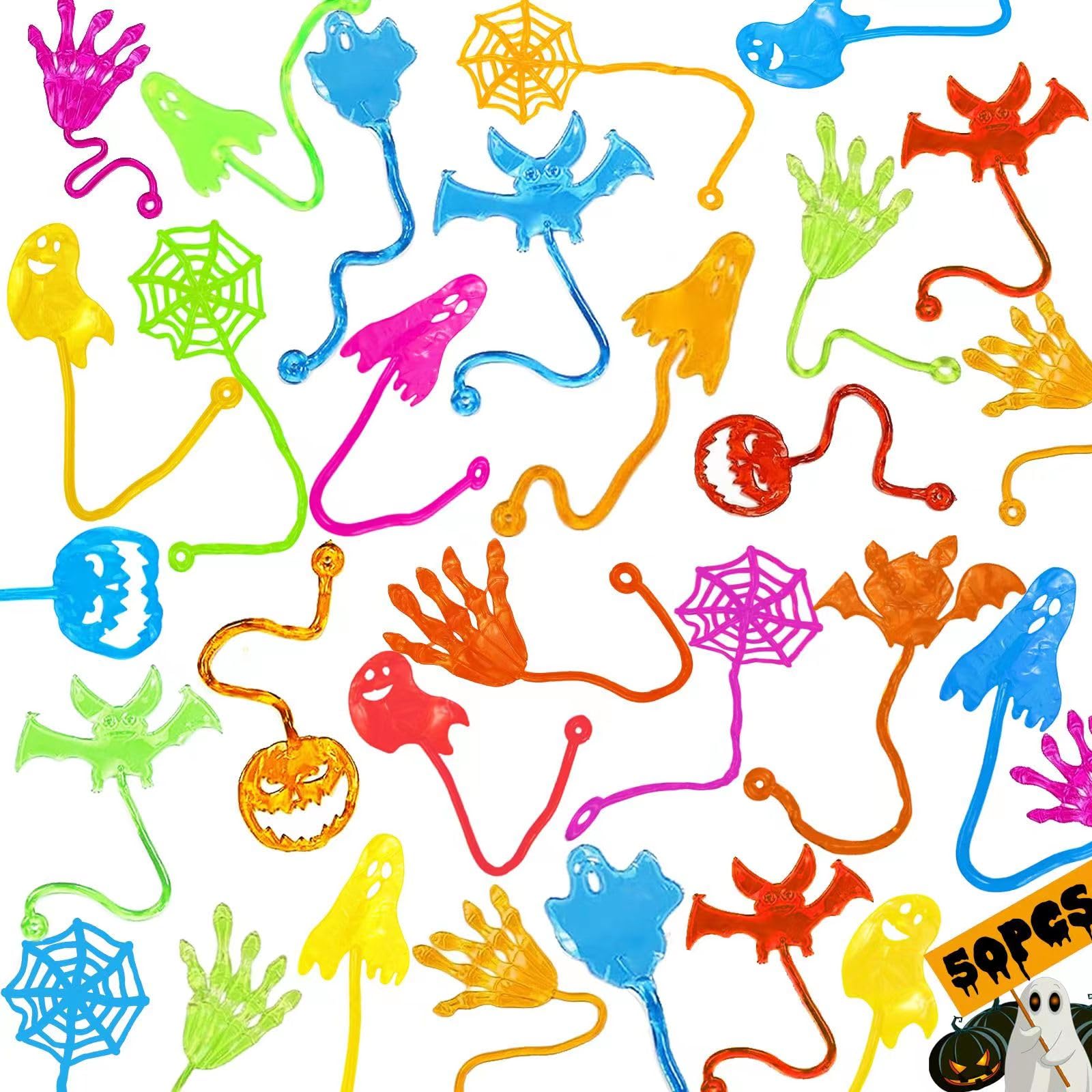 50Pcs Halloween Stretchy Sticky Hands,Party Favors for Kids,Skull Skeleton Bat Ghost Pumpkin Styles Sticky Toys For Goodie Bags,Halloween Exchange Gifts,Treasure Box Fillers and Classroom Prizes