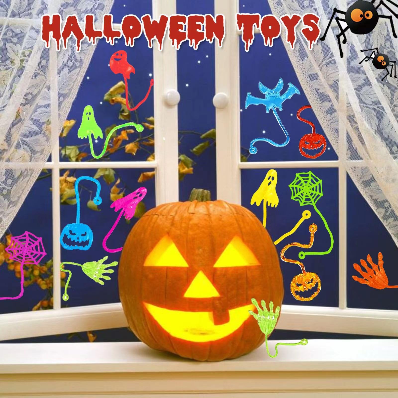 50Pcs Halloween Stretchy Sticky Hands,Party Favors for Kids,Skull Skeleton Bat Ghost Pumpkin Styles Sticky Toys For Goodie Bags,Halloween Exchange Gifts,Treasure Box Fillers and Classroom Prizes