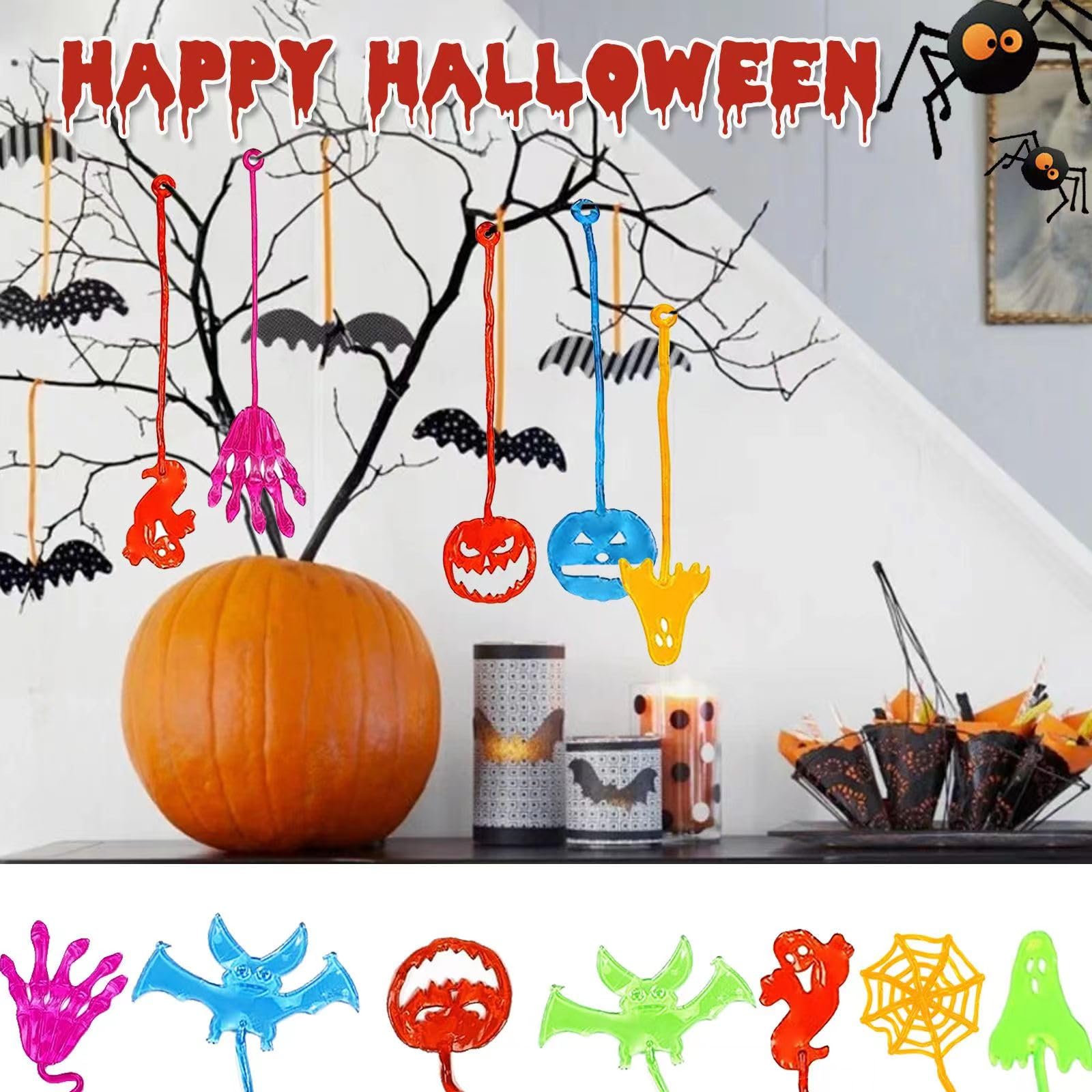 50Pcs Halloween Stretchy Sticky Hands,Party Favors for Kids,Skull Skeleton Bat Ghost Pumpkin Styles Sticky Toys For Goodie Bags,Halloween Exchange Gifts,Treasure Box Fillers and Classroom Prizes