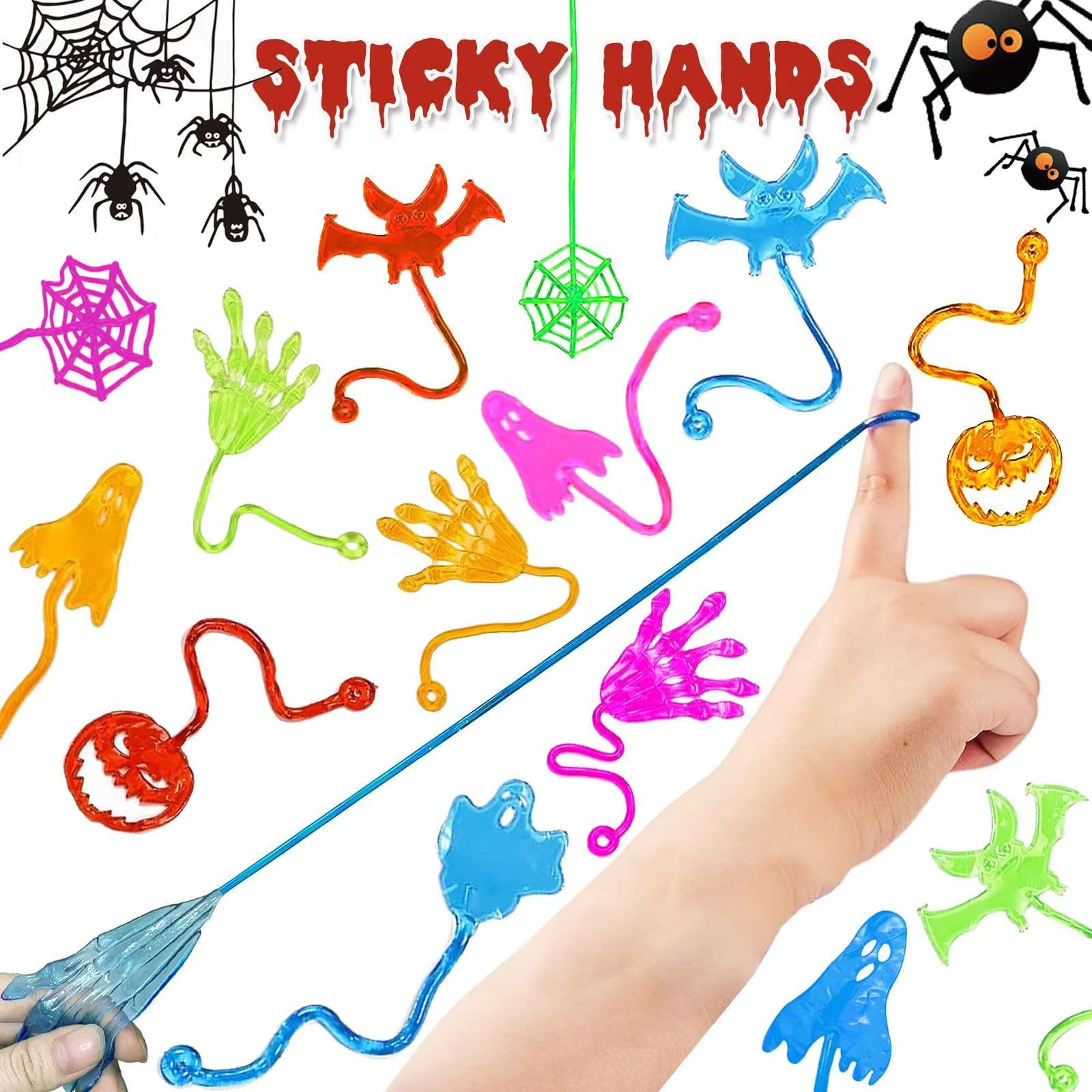 50Pcs Halloween Stretchy Sticky Hands,Party Favors for Kids,Skull Skeleton Bat Ghost Pumpkin Styles Sticky Toys For Goodie Bags,Halloween Exchange Gifts,Treasure Box Fillers and Classroom Prizes