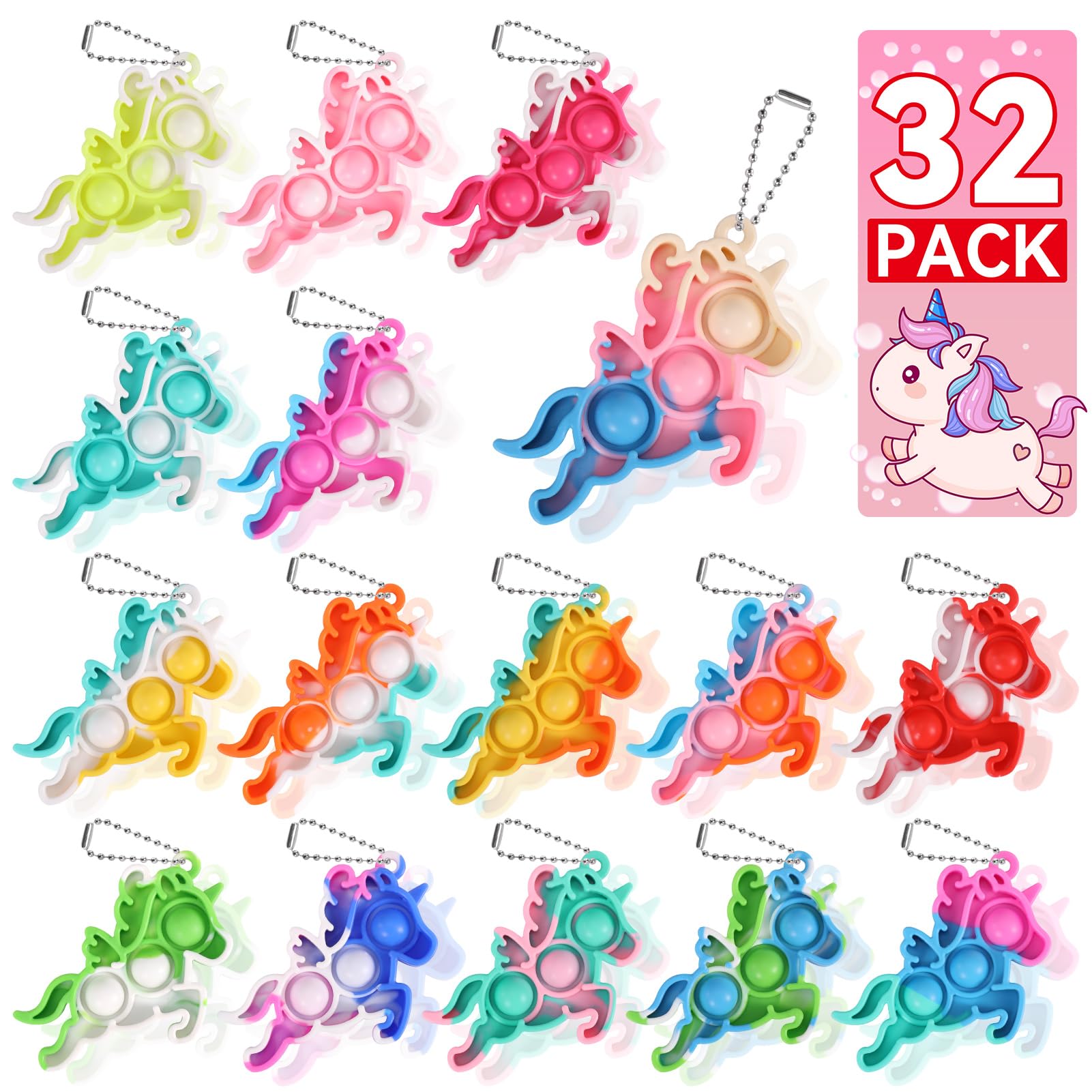 Unicorn Party Favors for Kids Goodie Bags Stuffers Pop Fidget Toys Bulk Its,32 Pack Unicorn Toys Pinata Stuffers Birthday Party Favors 4-8,8-12 Bubbles Small Kids Mini Classroom Prizes Pop keychain It