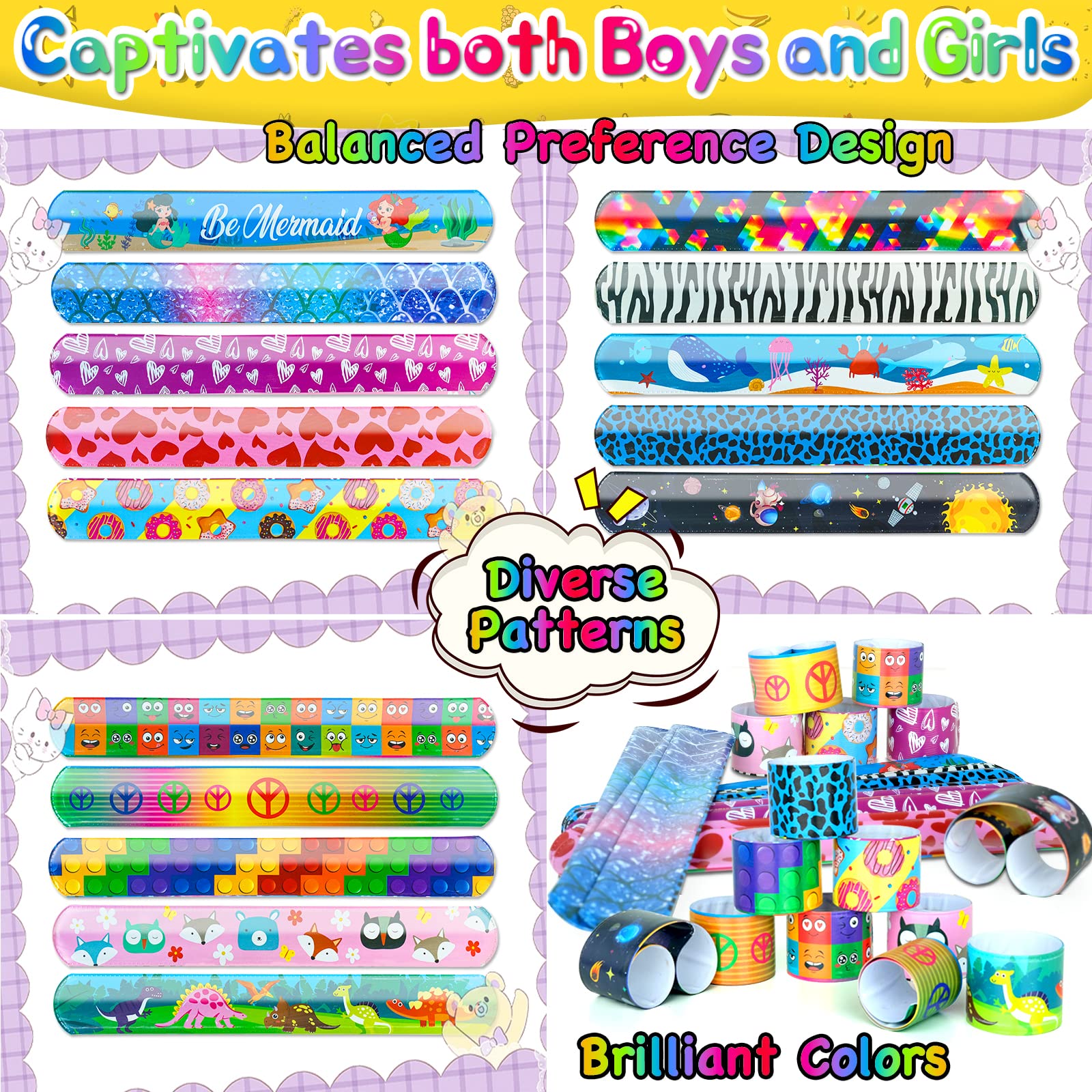 Slap Bracelets Kids Party Favors 48PCS Snap Bracelet Wrist Bands for Boys Girls Birthday Gift Treasure Box Classroom Rewards Goodie Bag Fillers Pinata Stuffers Xmas Easter Valentine Halloween Supplies