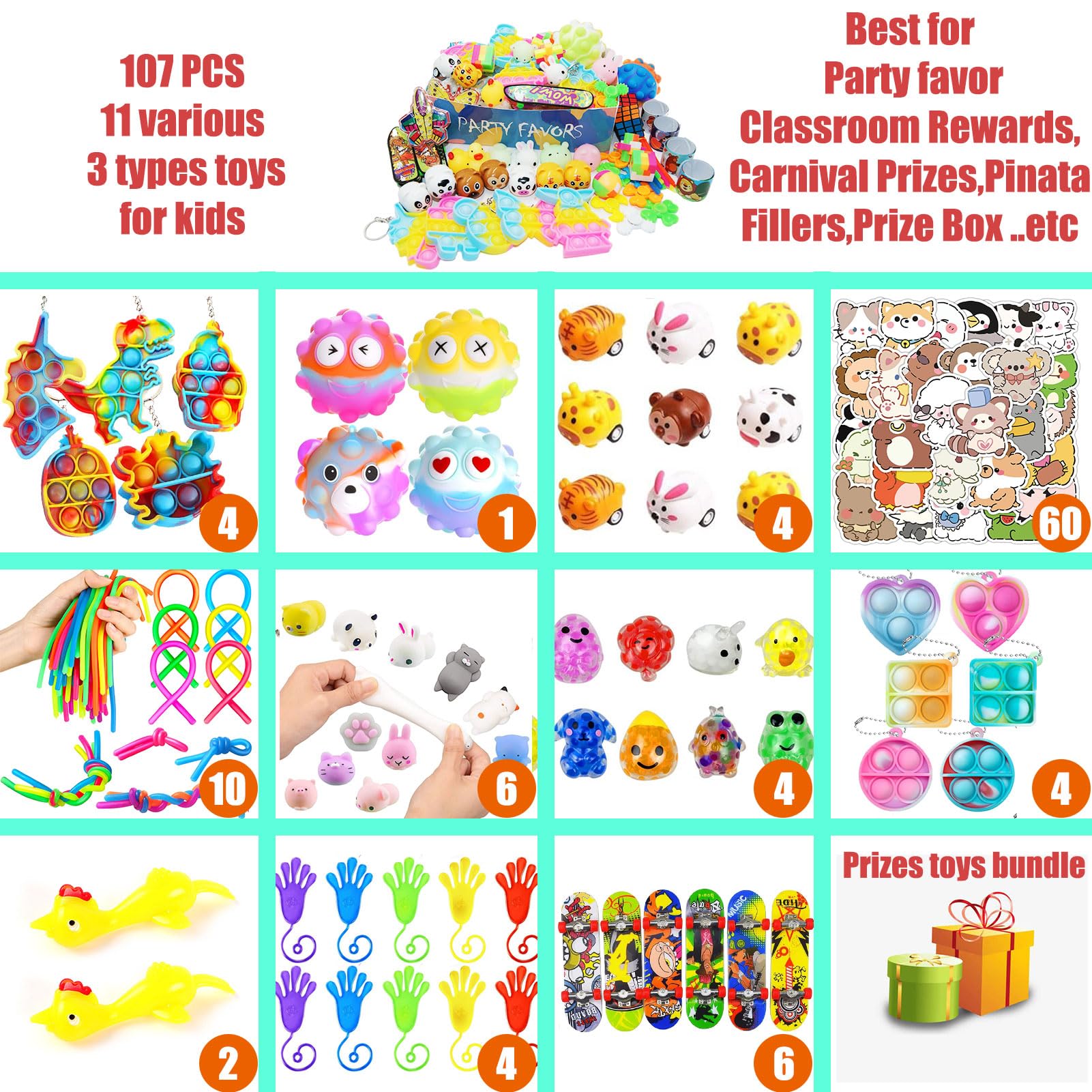 Leeche Premium Pop Party Favors Toys for kids,107PCS Prize Box Toys for All Ages kids,Birthday Party, School Classroom Rewards, Carnival Prizes, Pinata Fillers, Treasure Chest, Goody Bag Fillers