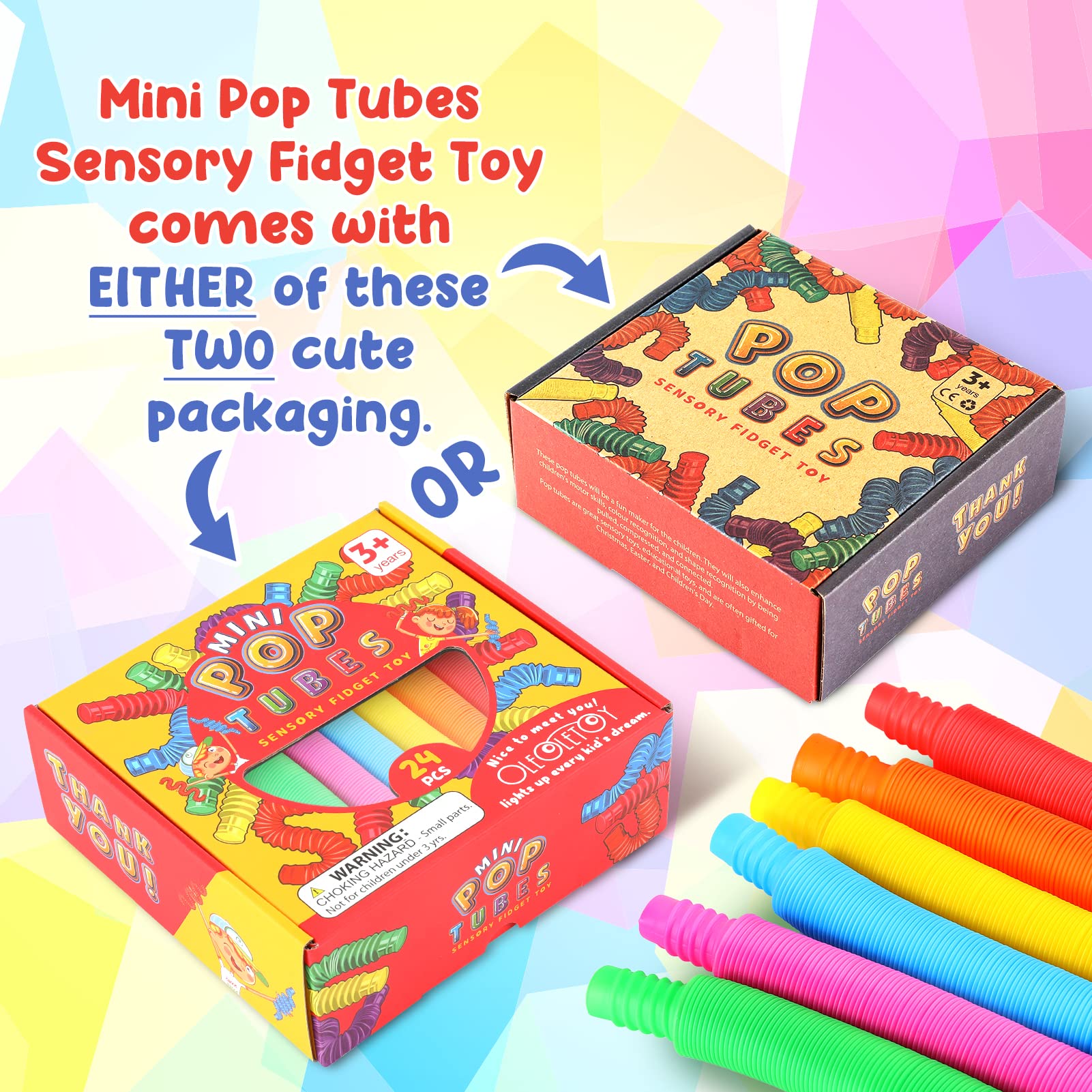 Pop Tubes Mini 24 Pack, Sensory Fidget Party Favors Bulk Toys for Kids, Stress Relief Toys for ADHD, ADD Toddlers, DIY Learning for Preschool, Fidget Toys for Kids Party Favors Classroom Prize