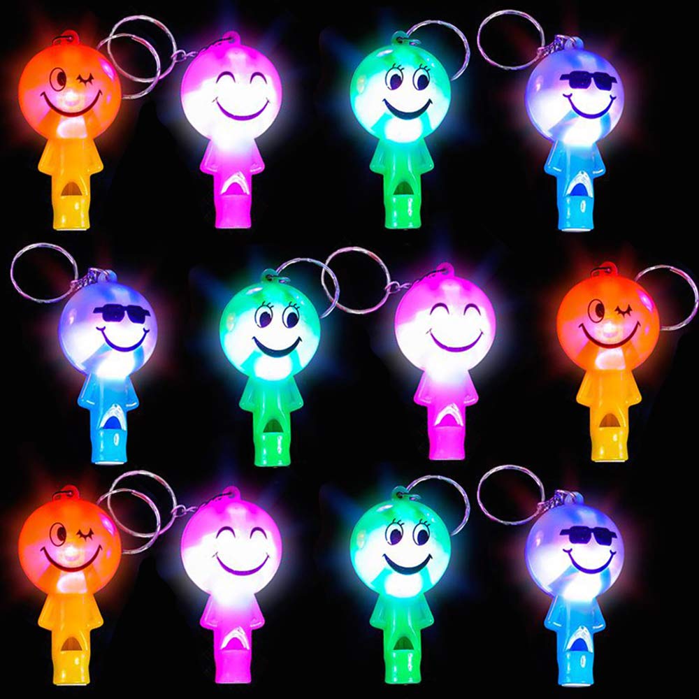 ArtCreativity Light Up Keychains for Kids with Whistles, Set of 12, LED Smile Face Key Chains and Bag Accessories, Fun Birthday Party Favors for Children, Goodie Bag Fillers for Boys and Girls