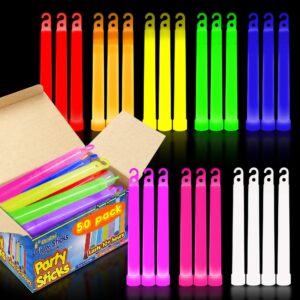 partysticks glow sticks party supplies for kids and adults (50pk assorted) - 6 inch bulk glow light up sticks party favors, glow in the dark party decorations, waterproof nontoxic glow necklaces