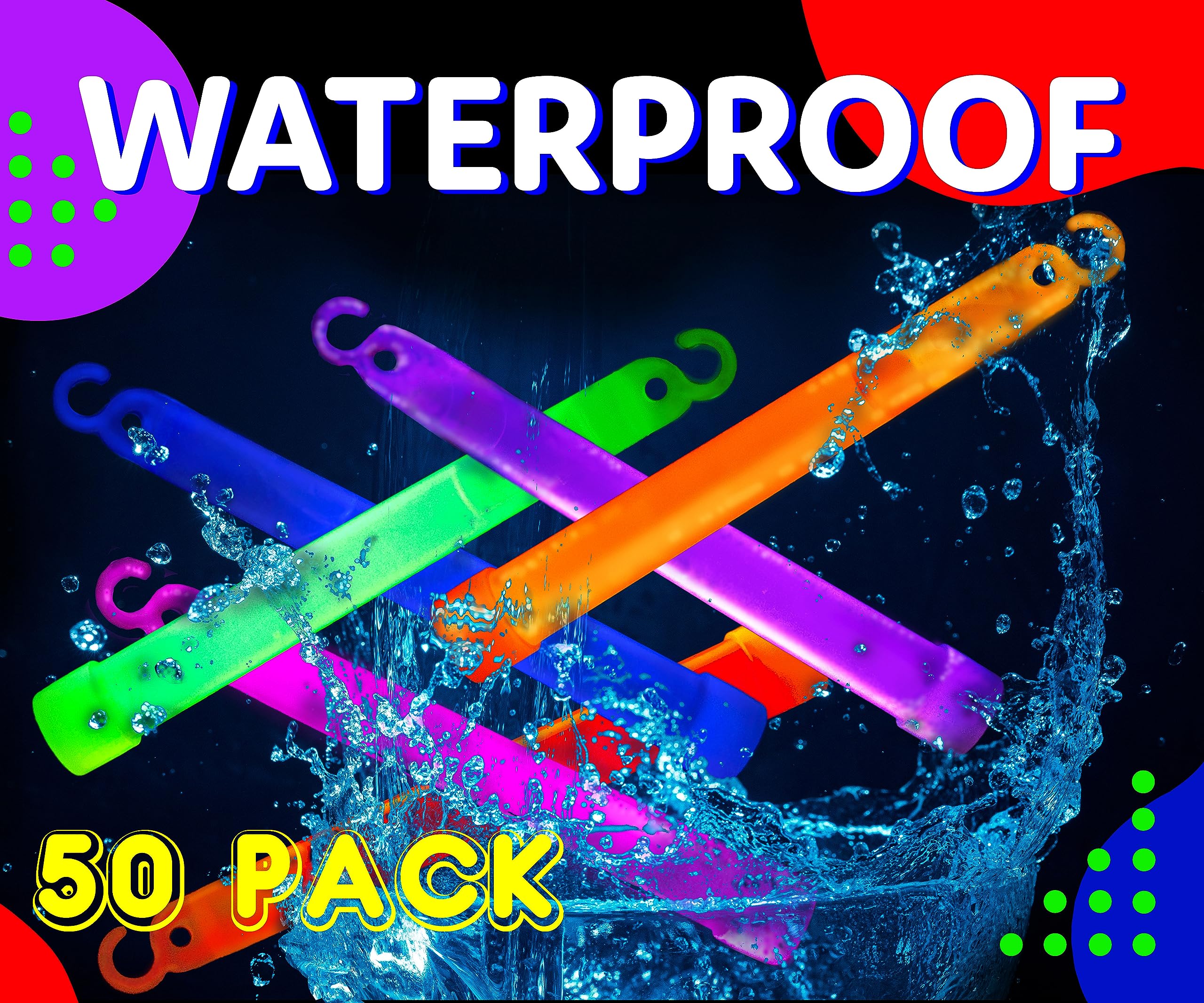 PartySticks Glow Sticks Party Supplies for Kids and Adults (50pk Assorted) - 6 Inch Bulk Glow Light Up Sticks Party Favors, Glow in the Dark Party Decorations, Waterproof Nontoxic Glow Necklaces