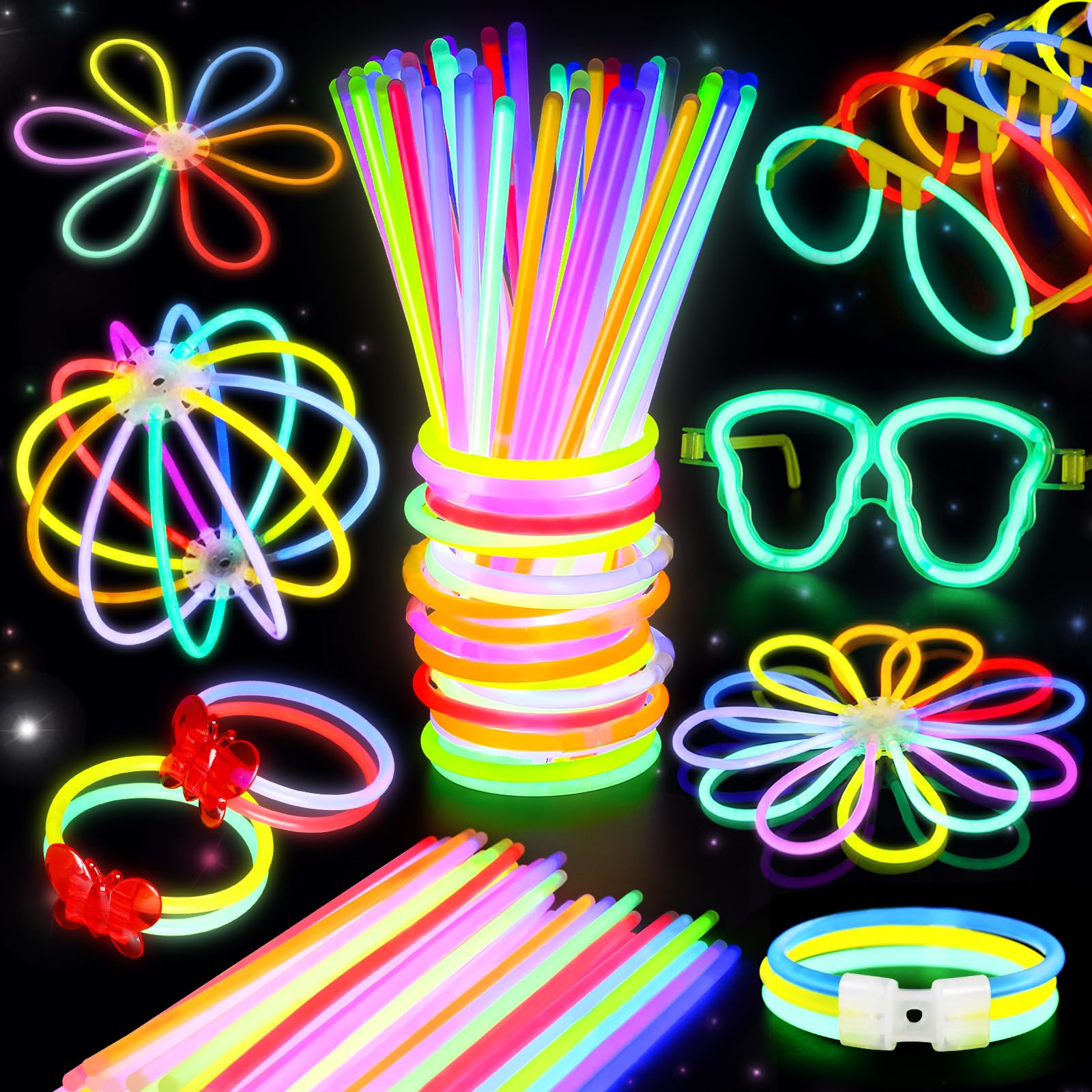 BUDI 467Pcs Glow Sticks Party Favors for Kids Adults 200 GlowStick Bulk 8 Colors 8 Inch & 267 Connectors for Glow Necklace Bracelets Glasses and More Glow in the Dark Party Favors Light Up Toys