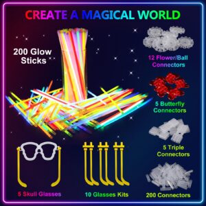 BUDI 467Pcs Glow Sticks Party Favors for Kids Adults 200 GlowStick Bulk 8 Colors 8 Inch & 267 Connectors for Glow Necklace Bracelets Glasses and More Glow in the Dark Party Favors Light Up Toys