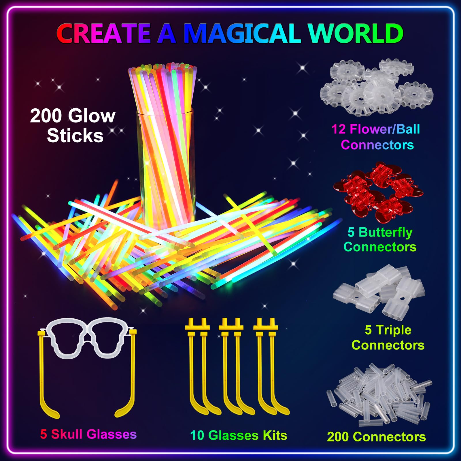 BUDI 467Pcs Glow Sticks Party Favors for Kids Adults 200 GlowStick Bulk 8 Colors 8 Inch & 267 Connectors for Glow Necklace Bracelets Glasses and More Glow in the Dark Party Favors Light Up Toys