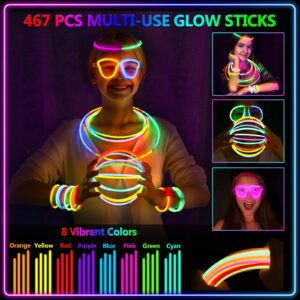 BUDI 467Pcs Glow Sticks Party Favors for Kids Adults 200 GlowStick Bulk 8 Colors 8 Inch & 267 Connectors for Glow Necklace Bracelets Glasses and More Glow in the Dark Party Favors Light Up Toys