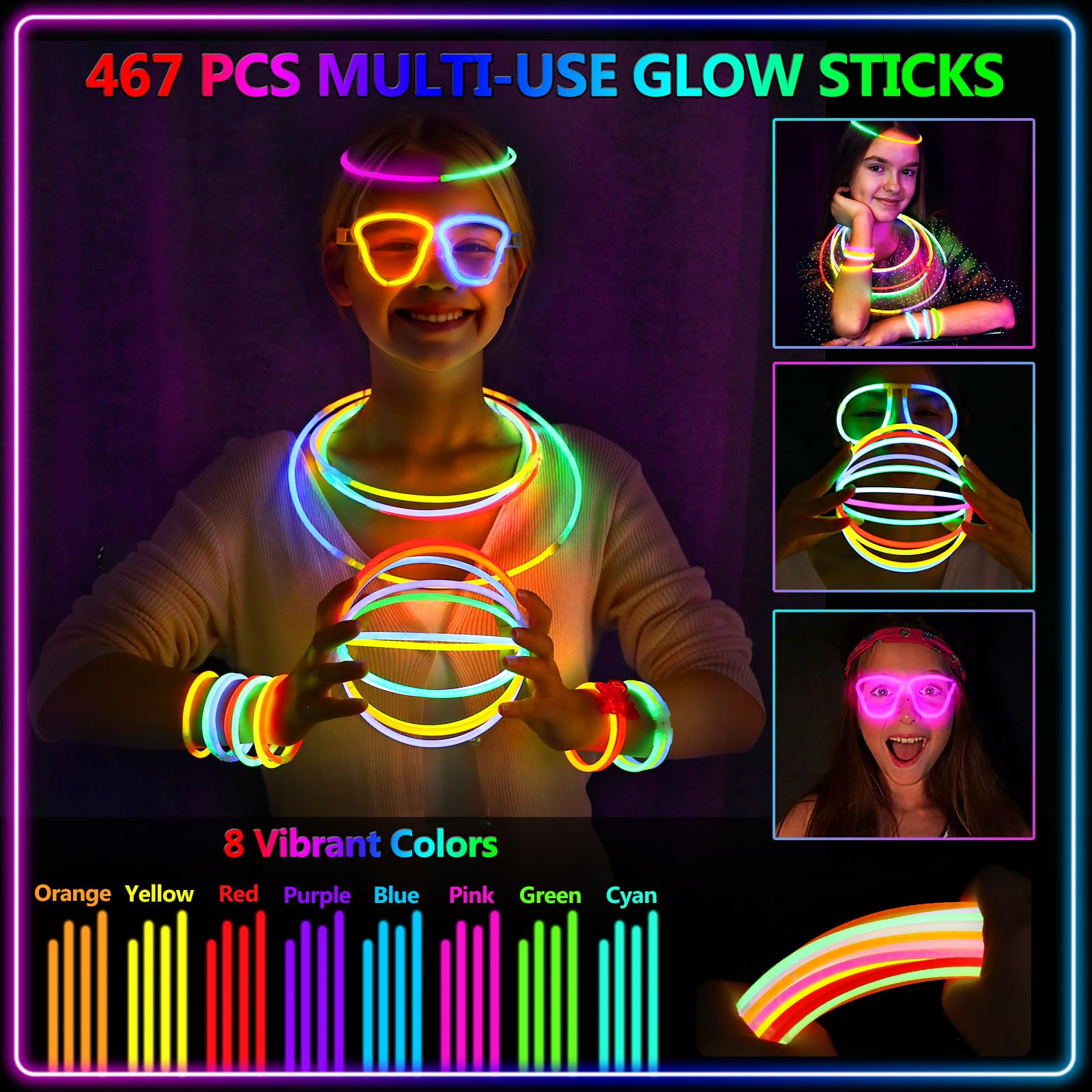 BUDI 467Pcs Glow Sticks Party Favors for Kids Adults 200 GlowStick Bulk 8 Colors 8 Inch & 267 Connectors for Glow Necklace Bracelets Glasses and More Glow in the Dark Party Favors Light Up Toys