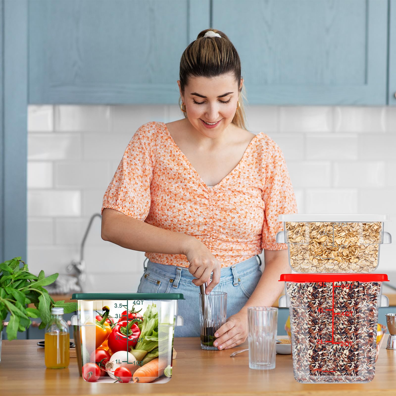 Tioncy Food Storage Container with Lids Set 2 Qt 4 Qt 6 Qt Square Clear Commercial Containers with Scales Handles for Home Restaurant Kitchen Food Storage, Proof Dough, Marinating Meat (3 Pcs)