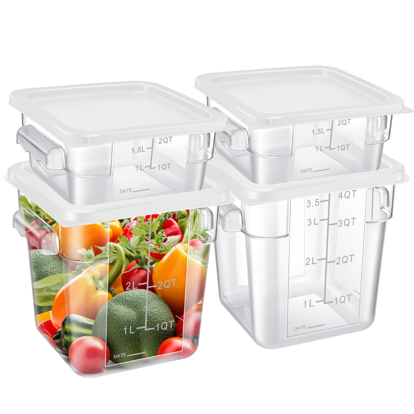 Barydat 4 Pcs Food Storage Container with Lids Set 2qt and 4qt Square Clear Commercial Containers with Scales Handles for Home Restaurant Kitchen Food Storage, Proof Dough, Marinating Meat (White)