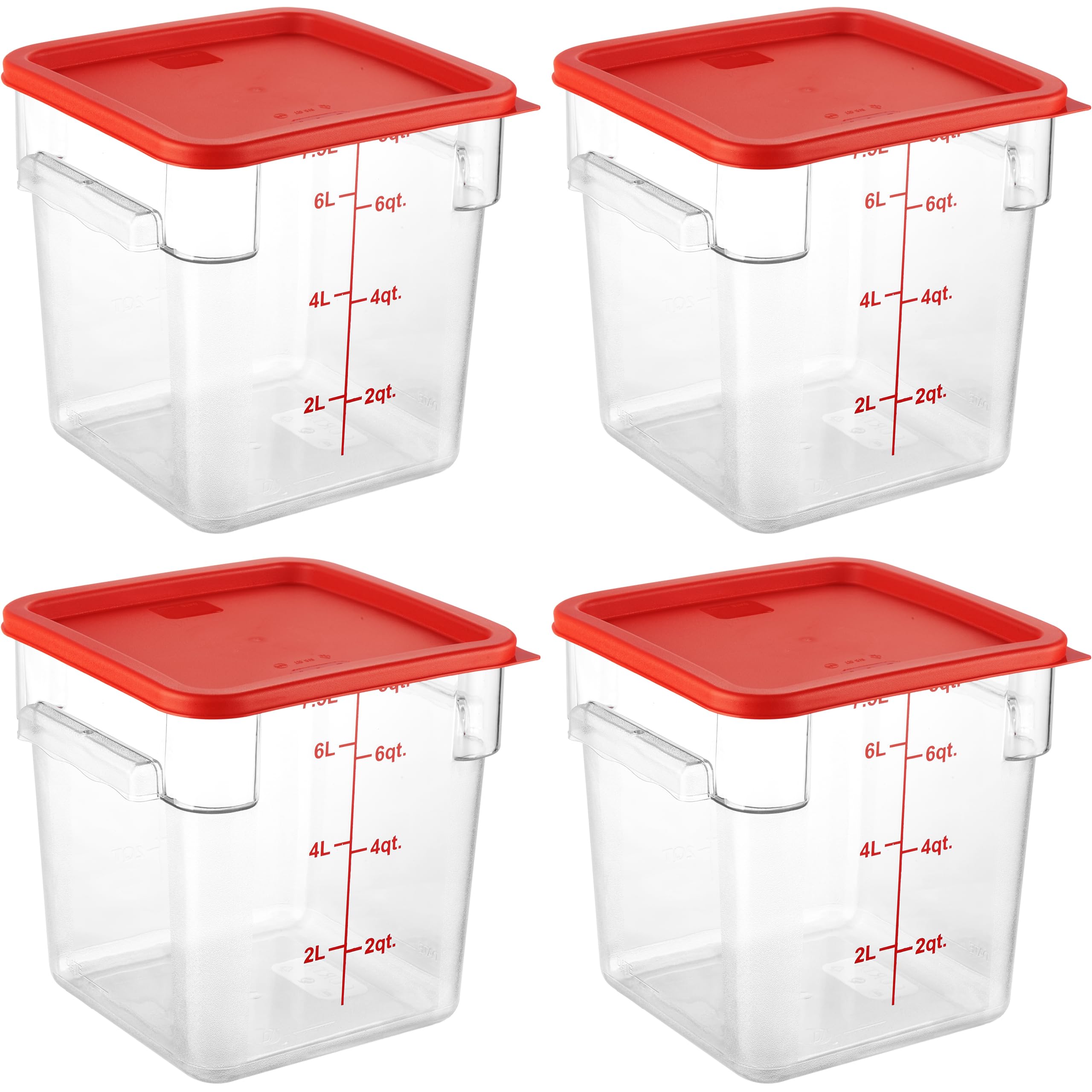 CURTA 4 Pack Food Storage Container with Red Lid - NSF Listed Commercial Grade in 8.0 Qt - Square, Clear, Polycarbonate