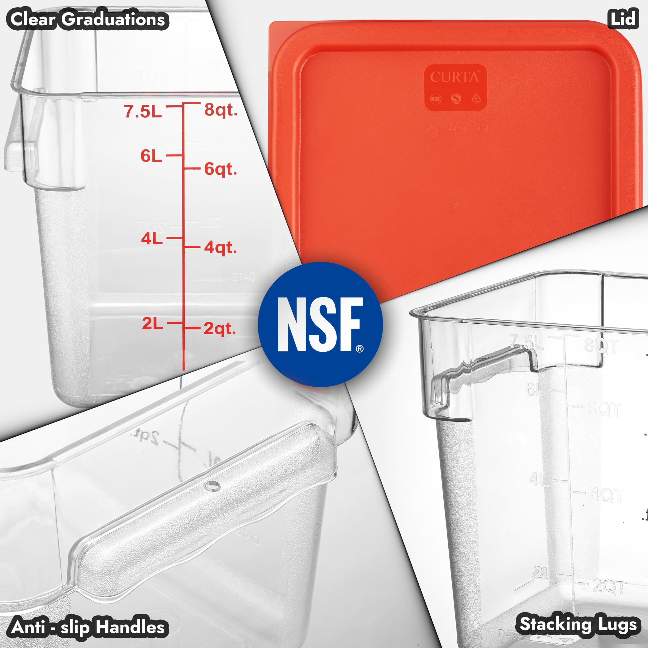 CURTA 4 Pack Food Storage Container with Red Lid - NSF Listed Commercial Grade in 8.0 Qt - Square, Clear, Polycarbonate