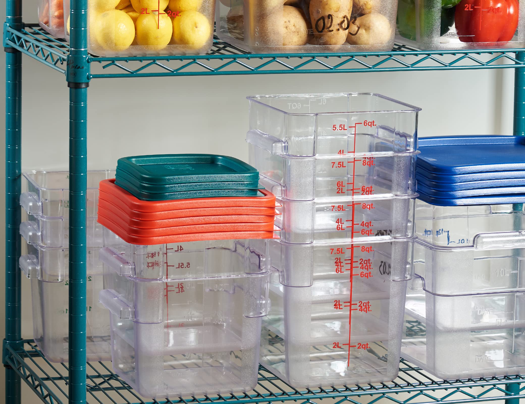 CURTA 4 Pack Food Storage Container with Red Lid - NSF Listed Commercial Grade in 8.0 Qt - Square, Clear, Polycarbonate