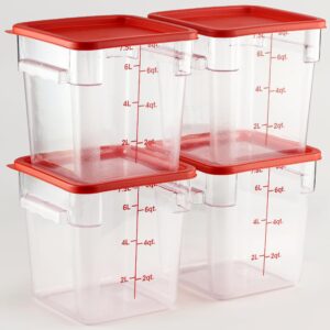 CURTA 4 Pack Food Storage Container with Red Lid - NSF Listed Commercial Grade in 8.0 Qt - Square, Clear, Polycarbonate