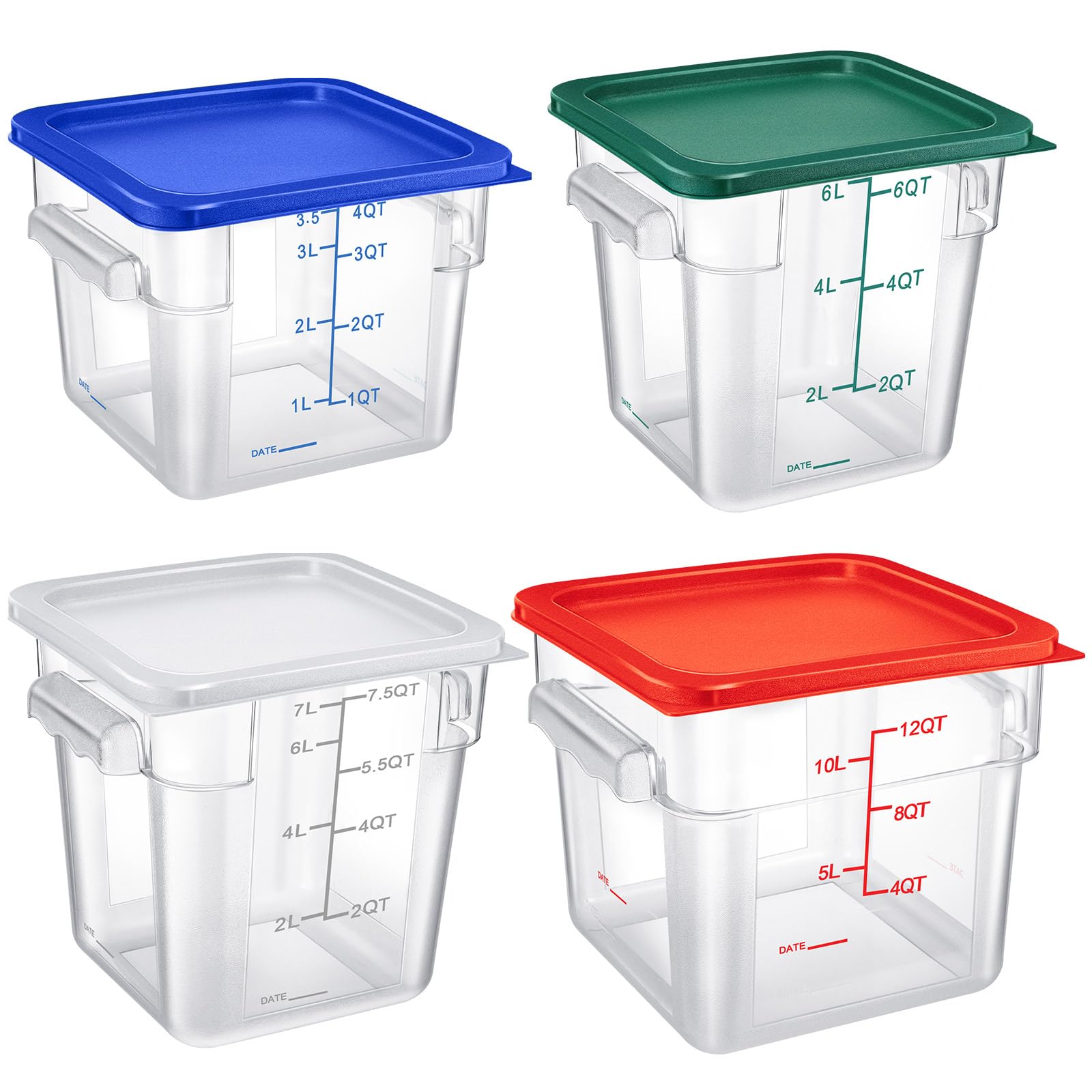 Huwena 4 Pcs Food Storage Container with Lids Set Square Clear Commercial Containers with Scale and Handle for Home Kitchen Restaurant Proof Dough Marinating Meat (4 Qt, 6 Qt, 7.5 Qt, 12 Qt)