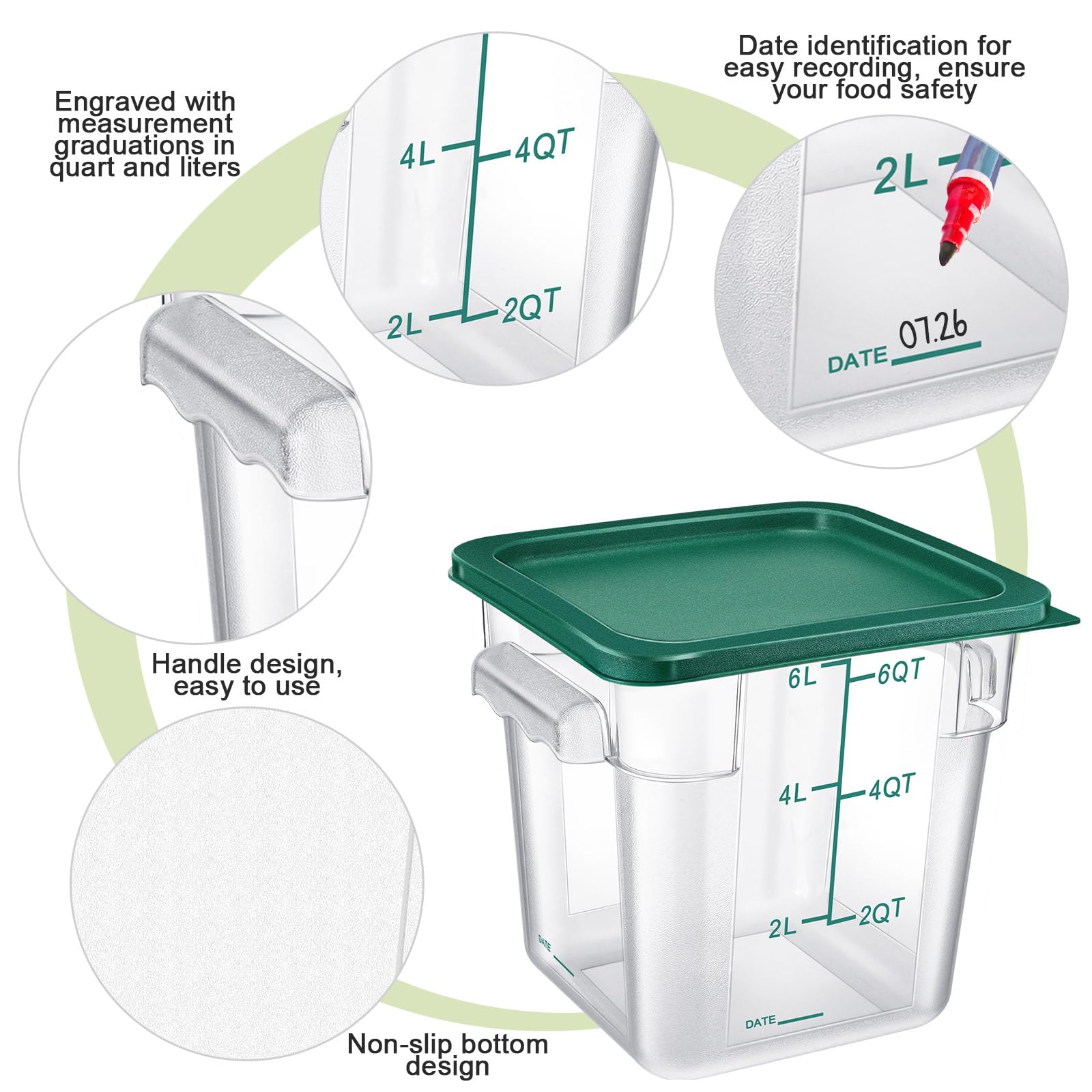 Huwena 4 Pcs Food Storage Container with Lids Set Square Clear Commercial Containers with Scale and Handle for Home Kitchen Restaurant Proof Dough Marinating Meat (4 Qt, 6 Qt, 7.5 Qt, 12 Qt)