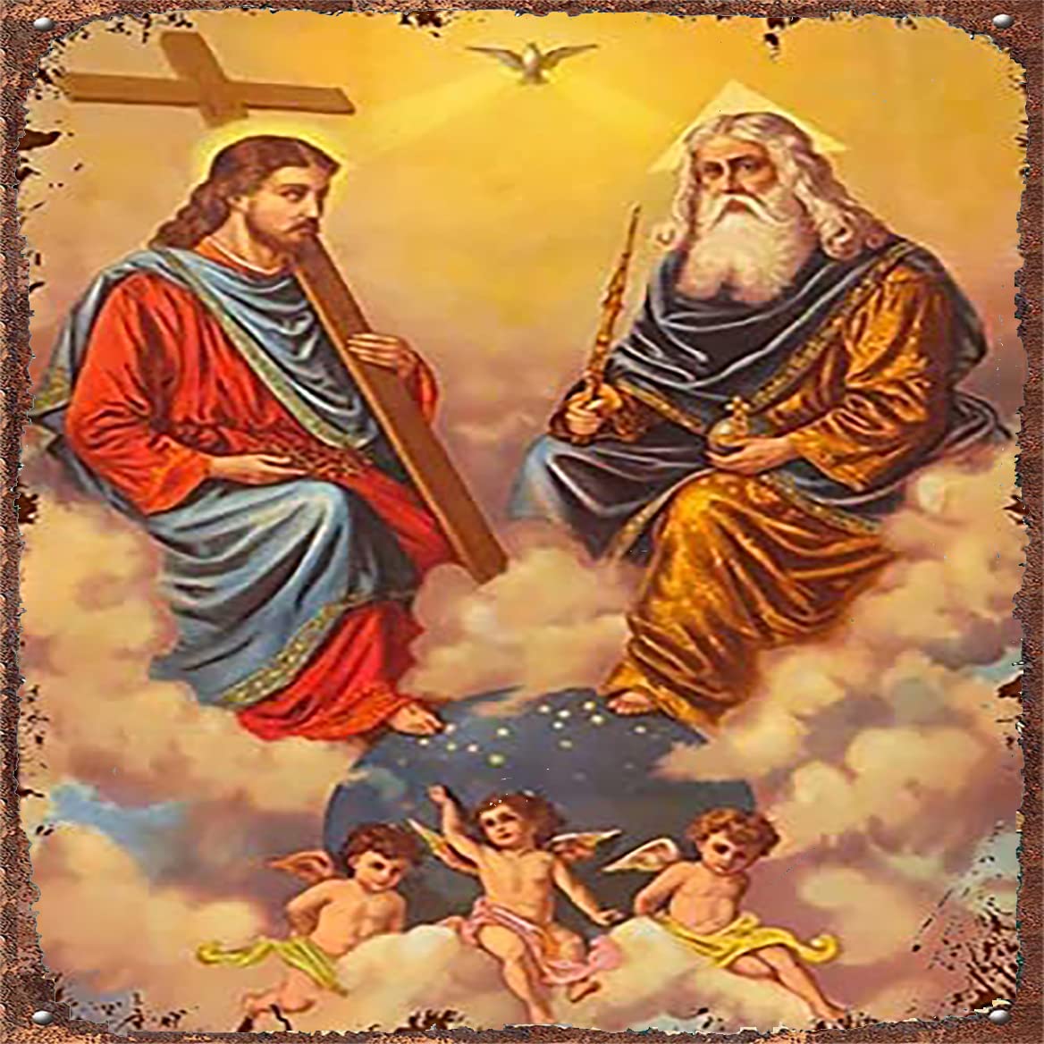 Metal Poster Plaque Holy Trinity Icon Catholic Retro Wall Art Decor Iron Painting for Home Kitchen Cafe Pub Sign Plaque BarTavernPubClub Man Cave Wall Decor 12x12 Inch