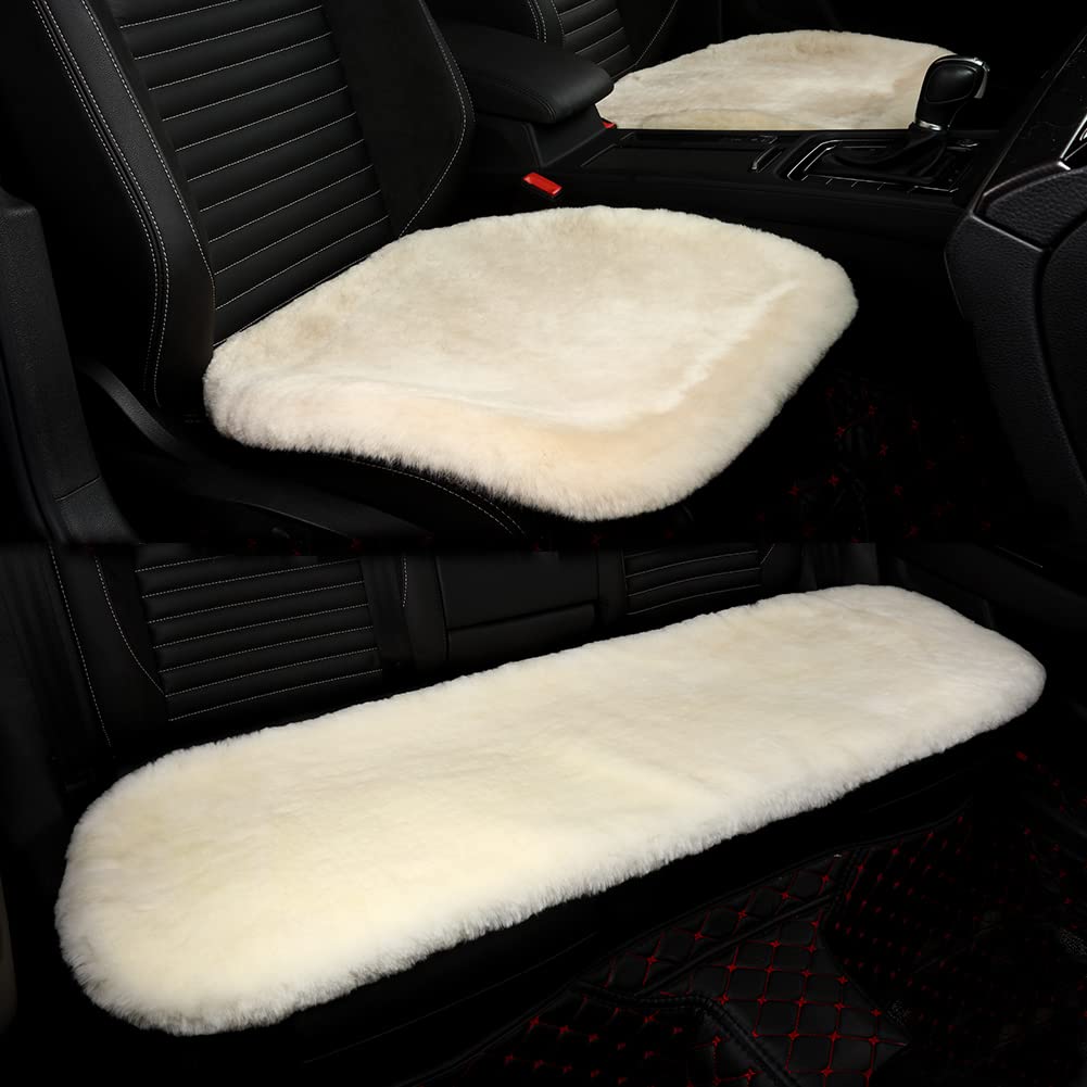 LLB Genuine Sheepskin Car Seat Cushion Seat Covers for Cars Trucks SUV Comfort Seat Protector Pad for Car Driver Seat Car Accessories (Pearl, 2 Front Seat Cushions & Bench Seat Cushion-3 Pcs)