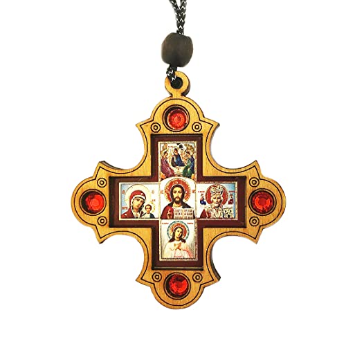 Wood Icon Cross for Car or Room on Rope - Icons - Holy Trinity Virgin of Kazan Christ St Nicholas and Guardian Angel 2 3/4"