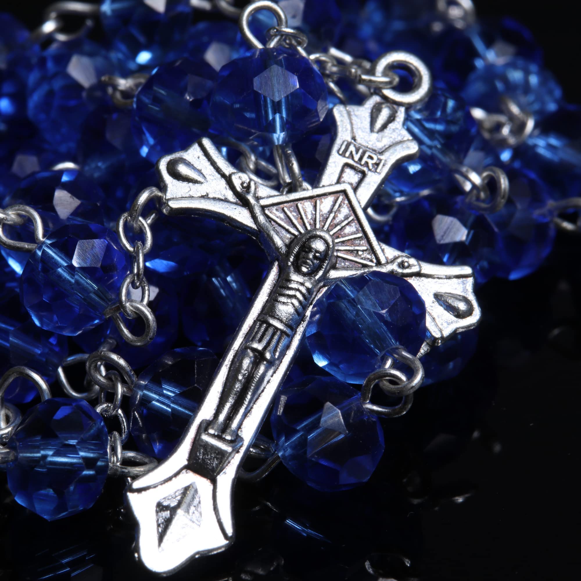 Trinity Church Supply Blue Glass Sapphire Rosary, Prayer Beads for Catholic Men, 8mm Bead, 20” Length and 1 ½ Inch Crucifix