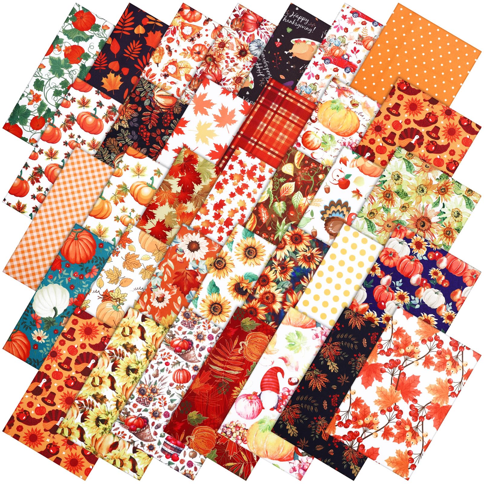 Tudomro 70 Pcs 10 x 10 Inch Fall Fabric Square Thanksgiving Autumn Patchwork Fabrics Maple Leaf Turkey Square Patchwork Fabric Pumpkin Quilting Fabric for Fall DIY Crafts