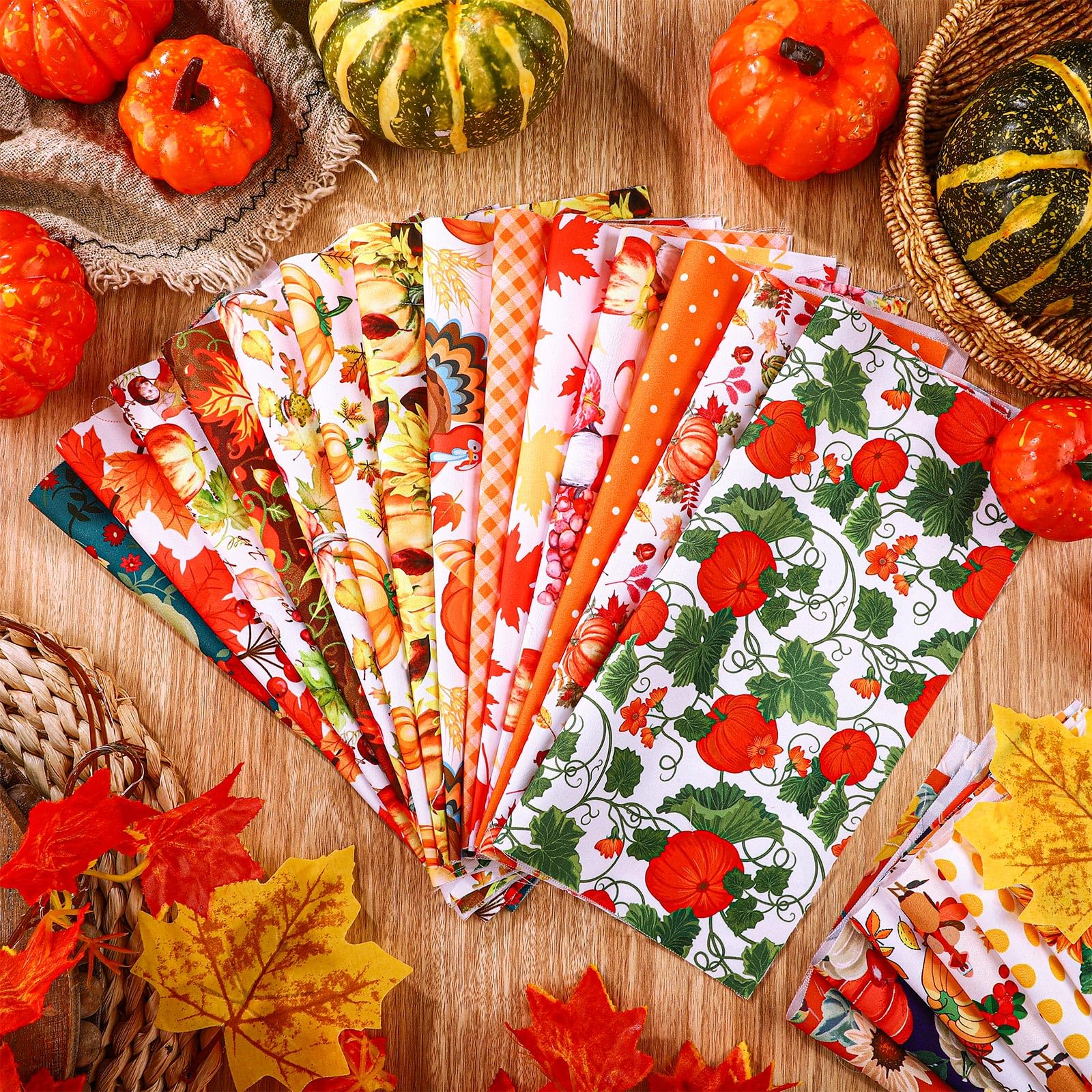 Tudomro 70 Pcs 10 x 10 Inch Fall Fabric Square Thanksgiving Autumn Patchwork Fabrics Maple Leaf Turkey Square Patchwork Fabric Pumpkin Quilting Fabric for Fall DIY Crafts