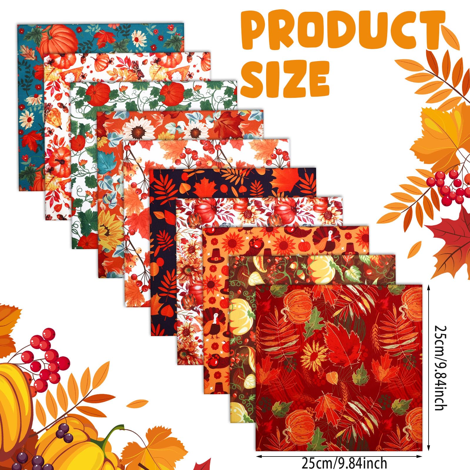 Tudomro 70 Pcs 10 x 10 Inch Fall Fabric Square Thanksgiving Autumn Patchwork Fabrics Maple Leaf Turkey Square Patchwork Fabric Pumpkin Quilting Fabric for Fall DIY Crafts