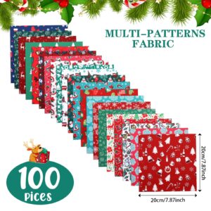 Preboun 100 Pcs 8 x 8 Inches/ 20 x 20 cm Christmas Fabric Squares Christmas Fabric 25 Different Patterns Fabric Scraps Quilting Craft Fabric Patchwork Fabric Bundles for Sewing Crafting DIY Supplies