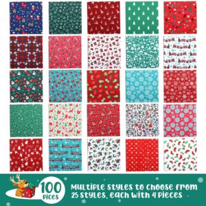 Preboun 100 Pcs 8 x 8 Inches/ 20 x 20 cm Christmas Fabric Squares Christmas Fabric 25 Different Patterns Fabric Scraps Quilting Craft Fabric Patchwork Fabric Bundles for Sewing Crafting DIY Supplies