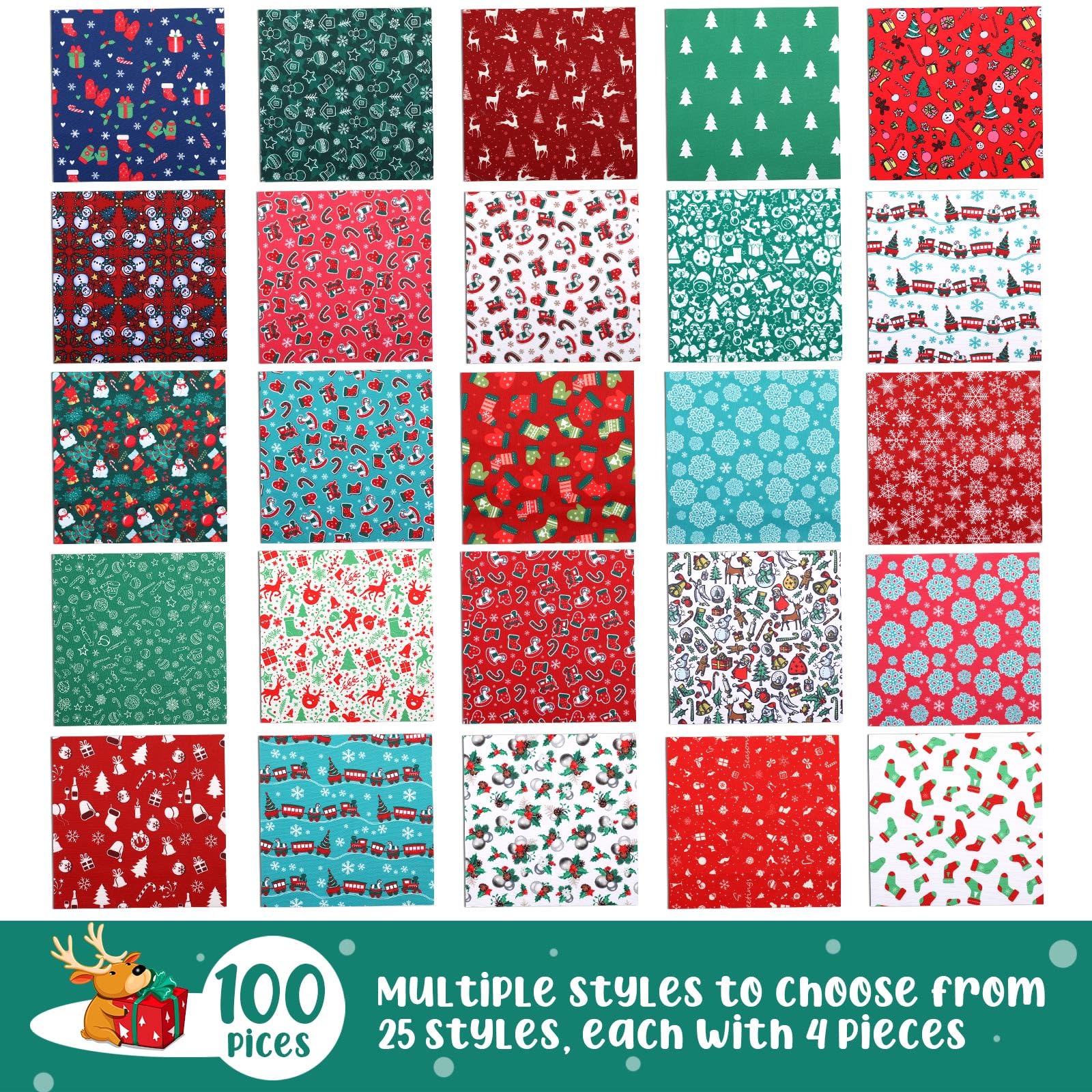 Preboun 100 Pcs 8 x 8 Inches/ 20 x 20 cm Christmas Fabric Squares Christmas Fabric 25 Different Patterns Fabric Scraps Quilting Craft Fabric Patchwork Fabric Bundles for Sewing Crafting DIY Supplies