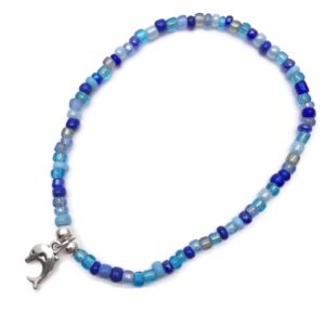 Dolphin Charm Anklet - Blue Glass Seed Bead Mix with Silver Tone Charm - Size M 10 inches