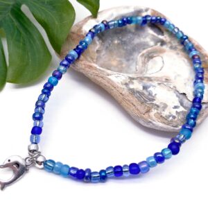 Dolphin Charm Anklet - Blue Glass Seed Bead Mix with Silver Tone Charm - Size M 10 inches