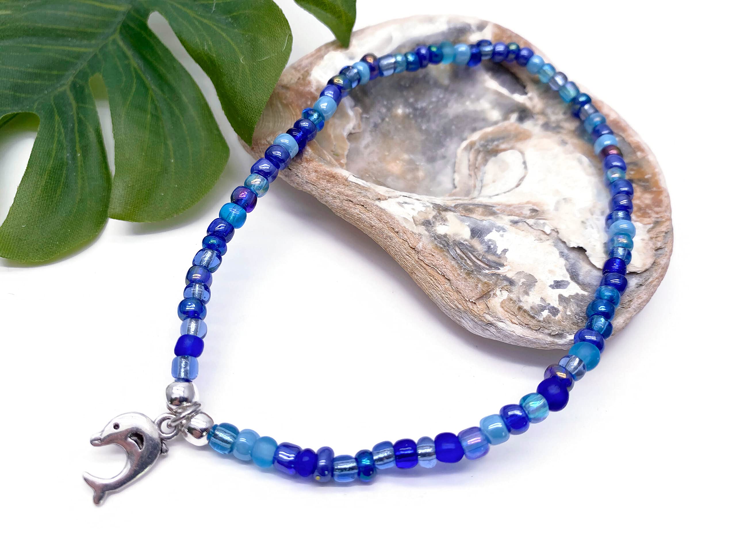 Dolphin Charm Anklet - Blue Glass Seed Bead Mix with Silver Tone Charm - Size M 10 inches