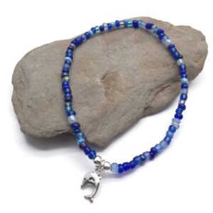 Dolphin Charm Anklet - Blue Glass Seed Bead Mix with Silver Tone Charm - Size M 10 inches