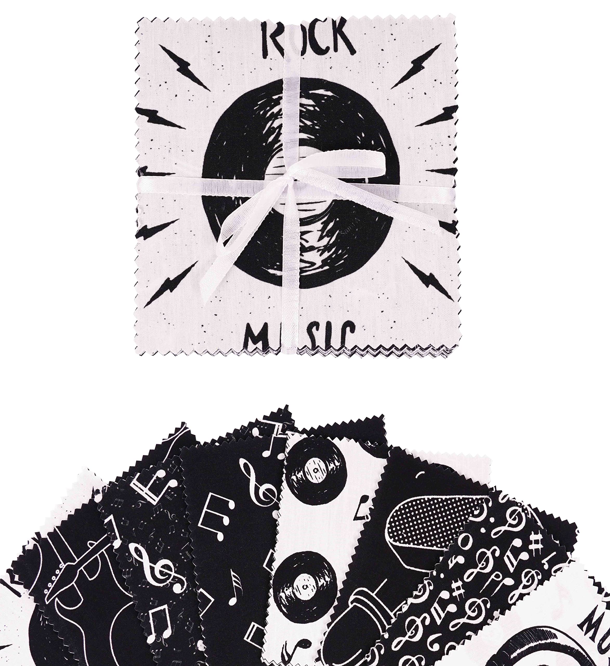 Soimoi Precut 10-inch Rock Music Prints Cotton Fabric Bundle Quilting Squares Charm Pack DIY Patchwork Sewing Craft- White & Black