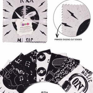 Soimoi Precut 10-inch Rock Music Prints Cotton Fabric Bundle Quilting Squares Charm Pack DIY Patchwork Sewing Craft- White & Black