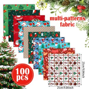 Tudomro 100 Pcs 10 x 10 Inches Winter Christmas Fabric Snowflake Snowman Fabric Square Patchwork Fabrics Santa Claus Craft Fabric Bundles Deer Candy Quilting Fabric for Xmas DIY Sewing