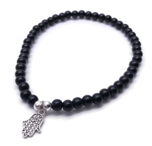 hamsa charm anklet with 6mm black acrylic beads on elastic - size m 10 inches