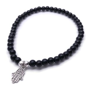 Hamsa Charm Anklet with 6mm Black Acrylic Beads on Elastic - Size M 10 inches