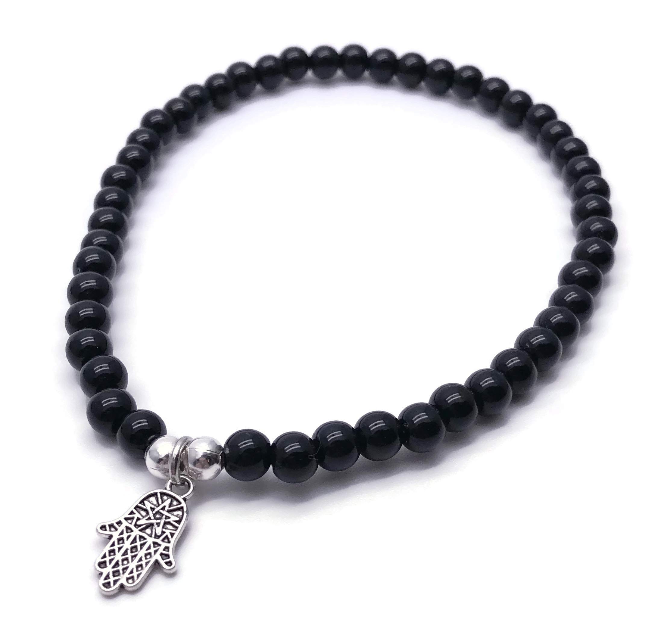 Hamsa Charm Anklet with 6mm Black Acrylic Beads on Elastic - Size M 10 inches