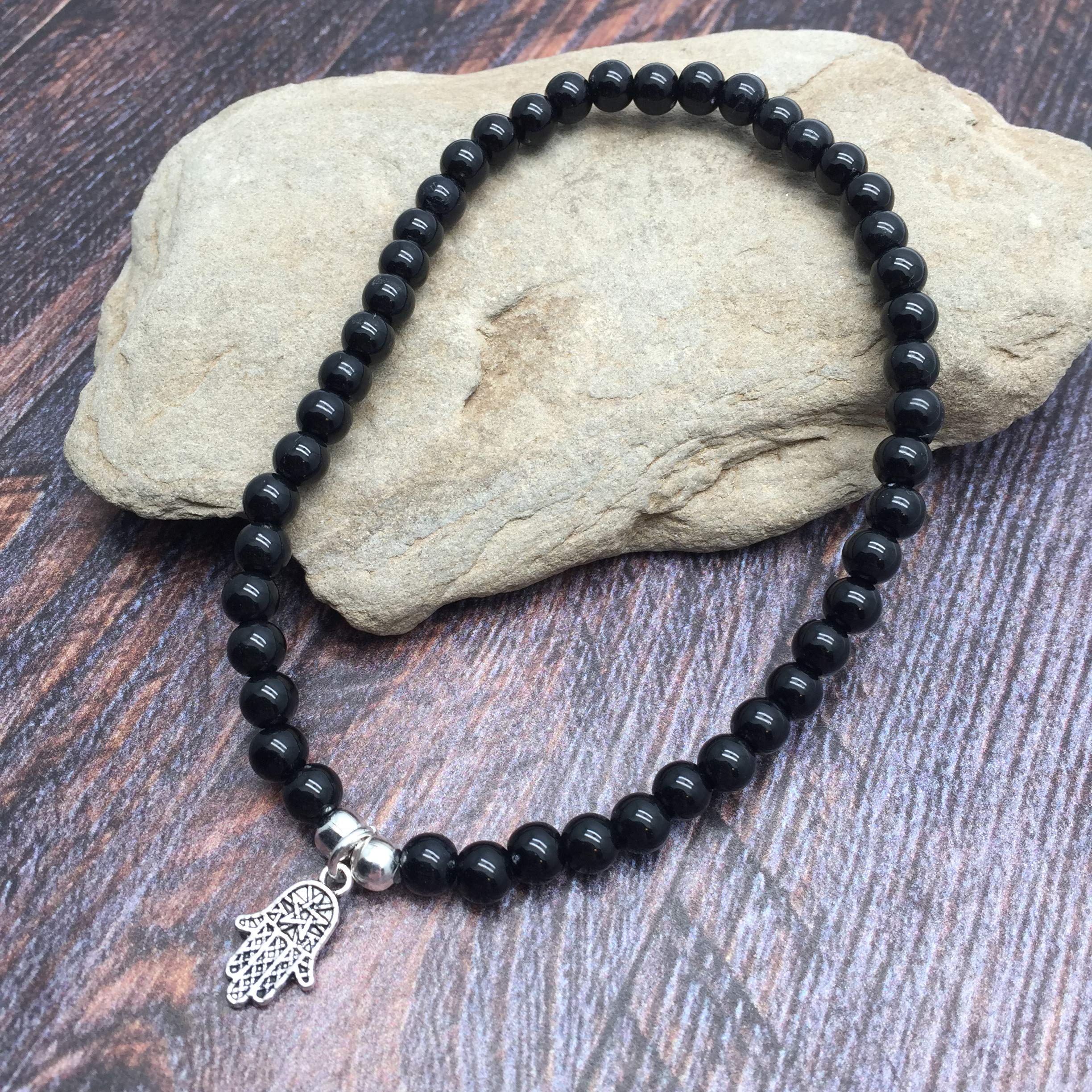 Hamsa Charm Anklet with 6mm Black Acrylic Beads on Elastic - Size M 10 inches