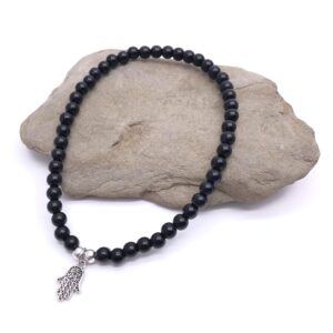 Hamsa Charm Anklet with 6mm Black Acrylic Beads on Elastic - Size M 10 inches