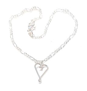 sterling silver plated anklet ankle bracelet heart charm 8 inch, 9 inch, 10 inch, 11 inch, 12 inch, 13 inch 2 mm figaro chain