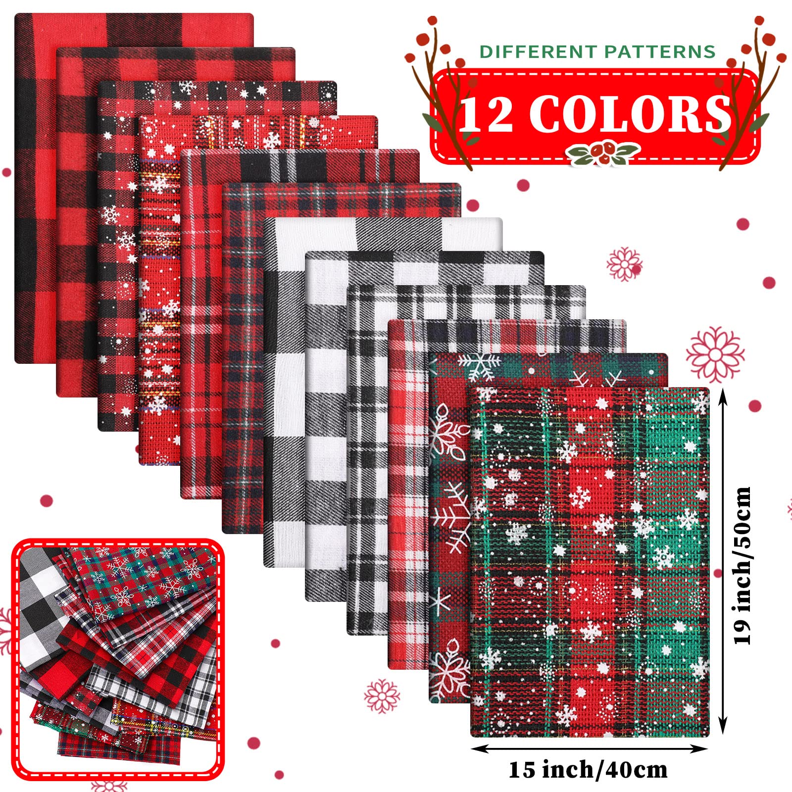 Tatuo 12 Pieces Christmas Fat Fabric Bundles Buffalo Plaid Fat Quarters Cotton Fabric Square Bundles 19.5 x 15.7 Inch Charm Yarn-Dyed Checked Quilting Fabric for DIY Crafting Sewing (Sweet Style)