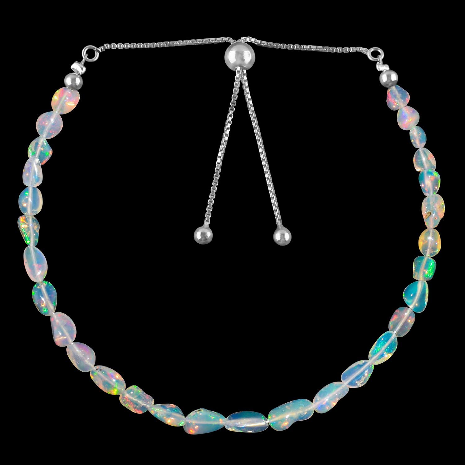 ZEMBIENCE Natural Ethiopian Opal Gemstones Bolo Bracelets, Plain Nuggets Beads, Silver Plated, Handmade, Libra Zodiac, Adjustable Slider. Statement, Gift for Women. Size 10"